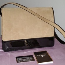 Vintage Authentic Chanel Black Patent and Tan Suede Flap Logo Bag NWOB