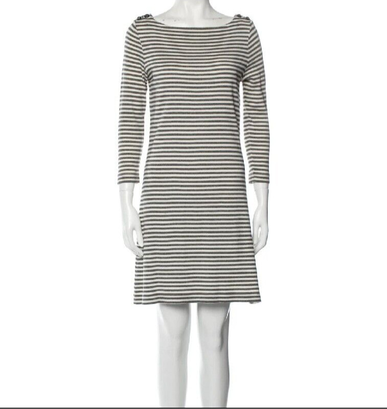 Tory Burch Pima Cotton 3/4 Sleeve Tee Shirt Dress XS Boat Neck Striped Logo Gray thumbnail 2