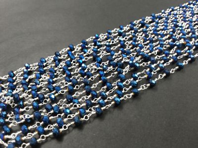 120''inch Mystic Blue Coated Quartz Rondelle 3-4mm Beads Silver Wire Chain QH41