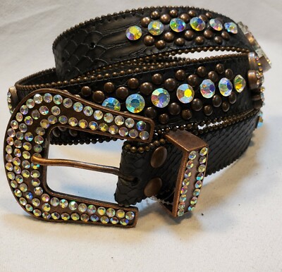 Ladies dark brown leather belt with AB rhinestones, burnished