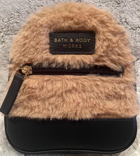 Bath and & Body Works Makeup Cosmetic Travel Bag Mini Backpack Fuzzy Brown Blue