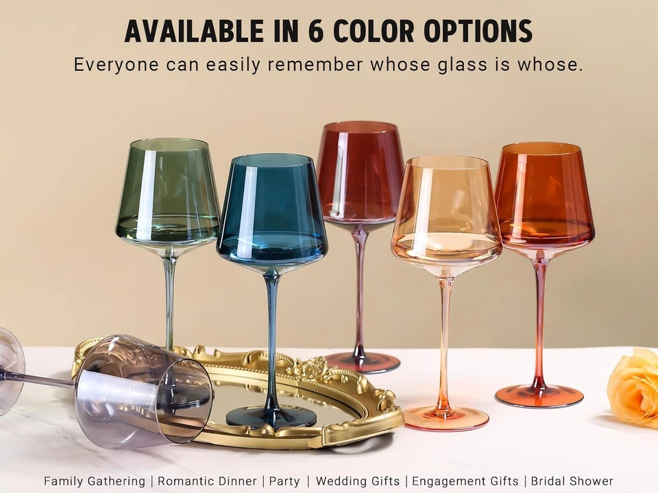 Colored Wine Glasses Set of 6-16Oz Hand Blown Crystal Colorful Glassware with Lo - Image 3 of 4