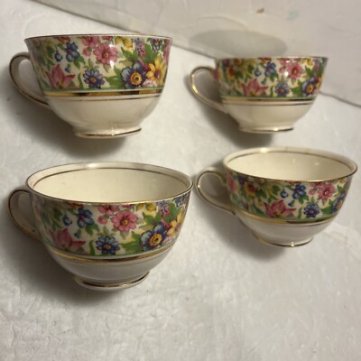 Vintage Palissy Pottery Floral England Tea/coffee Cups Gold set Of 4