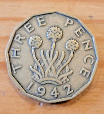 1942 King George VI Threepence 3d coin - Almost F.