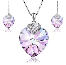 Pink/Purple Crystal Heart Necklace  Earring Set 