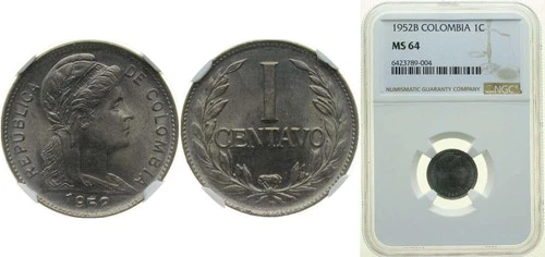 Colombia 1952 B 1 Centavo Nickel clad steel NGC MS 64