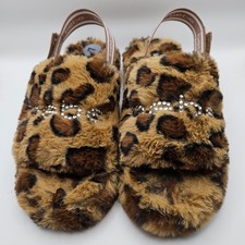 Bebe Leopard Faux Fur Rhinestone Logo Slip-On Sandals Slippers Women s Size 7