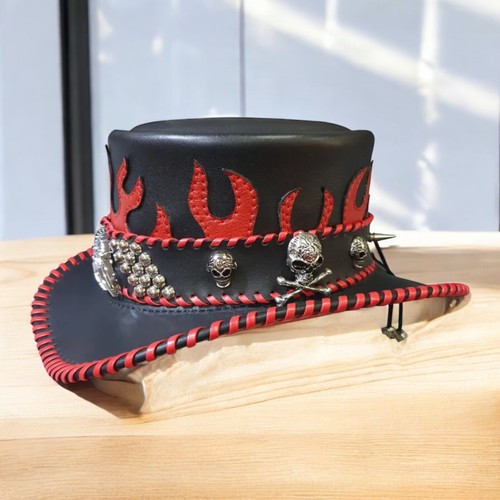 Black Leather Top Hat Red Flames Gothic Steampunk Skull Studded Hat - Picture 3 of 6
