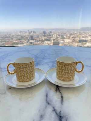 Hermès Style Porcelain Cup & Saucer Set2Gold Mosaic Pattern Luxury Tableware