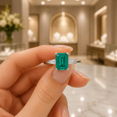 Natural Emerald & Diamond Emerald Cut 3.50 Carat 14K White Gold Engagement Ring