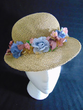 1940's Straw Hat- Wide Brim w/Many Pastel Flowers -VG- ROMANTIC- SALE