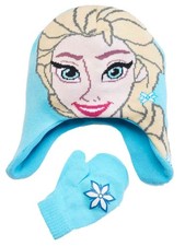 Disney Frozen Toddler Girls Blue Princess Elsa Trapper Hat  Mittens Beanie Set