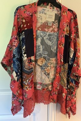 John Mark Size Open Cardigan Multicolor Lace Trim Large