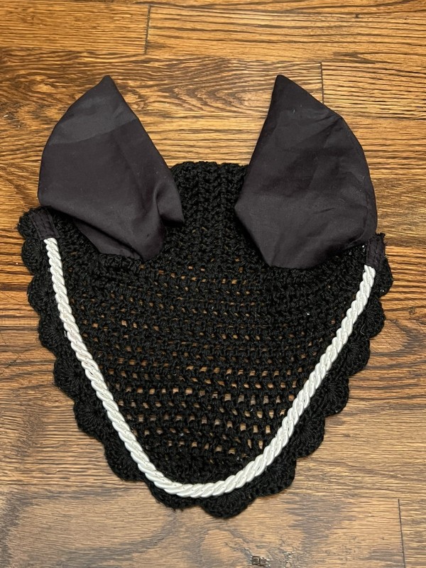 Fly Bonnet With Ears, Crocheted, Black with Fancy Silver Cord/Trim, Pony, Nice!