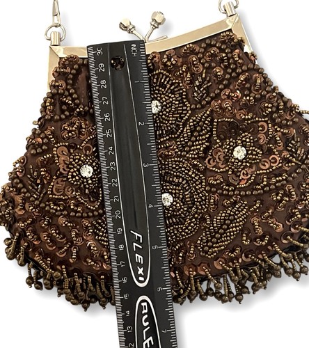 Vintage Style Brown Beaded Evening Bag w/ Chain Strap Kiss Clasp - Picture 9 of 11
