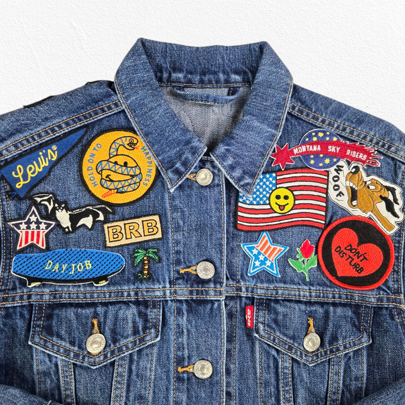 Levi’s Trucker Jean Jacket Patchwork Americana Gr… - image 3