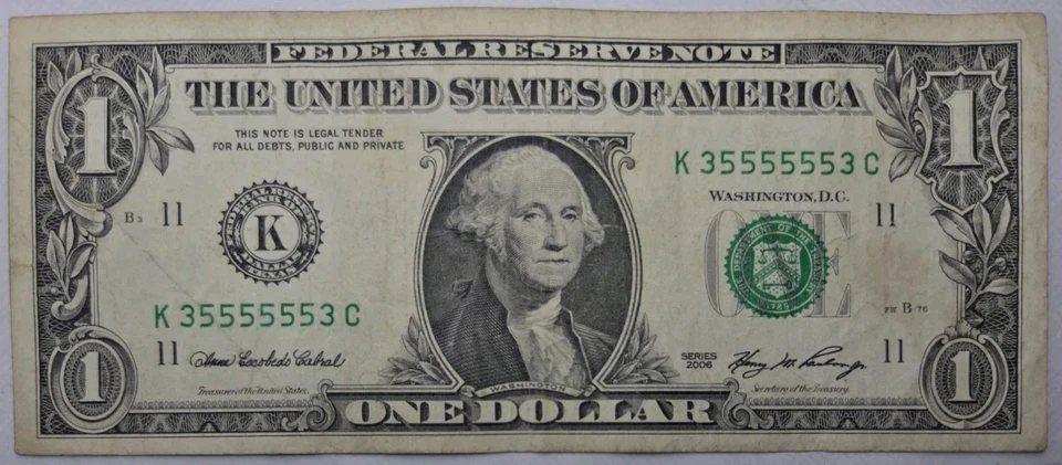 Rare Binary SUPER Radar Fancy Serial Number K35555553C 2006 1$ One Dollar Bill - Image 2 of 4