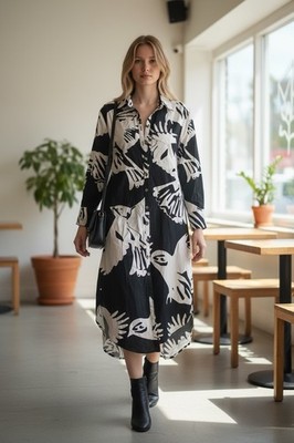 Anthropologie Maeve Soren Midi Shirt Dress Black White Print Sz XS Petite