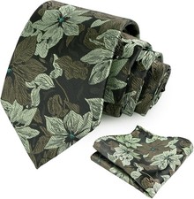 Mens 3.35inches Large Floral Pattern Necktie and Printed Pocket Square Set
