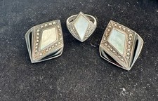 Vintage 925 Sterling Silver, Black Onyx And Mother Of Pearl Ring And Earrings