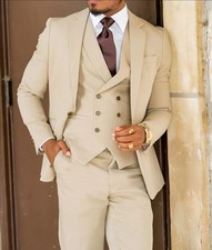 Men's Beige 3 Piece Notch Lapel Formal Business Prom Groom Tuxedo Wedding Suit