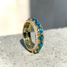 3 Ct Oval Simulated Blue Topaz Full Eternity Wedding Band 14k Yellow Gold Plated