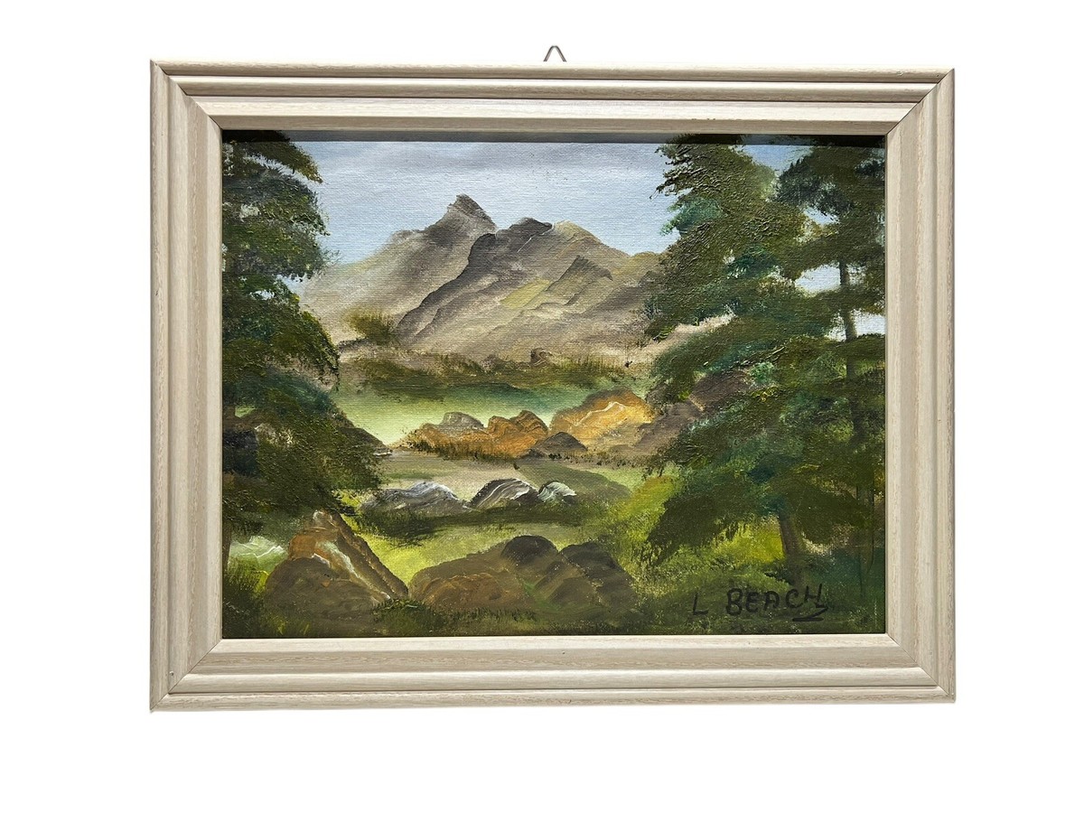 VTG Landscape Forest Mountains Framed Painting Signed 15