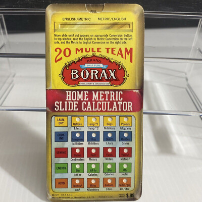 Vintage 1977 Premium Home Metric Slide Calculator 20 Mule Team Borax Card /