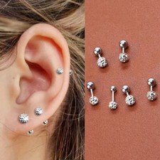 Surgical Steel Stud Earrings Round Ball Cubic Zirconia Screw Back Womens 2PC