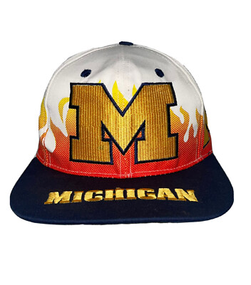 Vintage 90s Rare Michigan Wolverines Front Row Snapback Hat Cap Flames Football