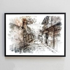 Abstract Street House Watercolour Painting Illustration 7x5 Wall Decor Art Print