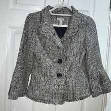 Madison Wool Blend Tweed Button Front Jacket Sz 2p Fringe Trim Bell Cuffs