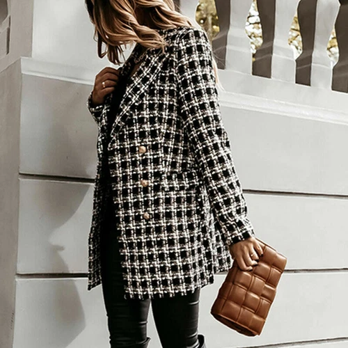 Women's Stylish Check Print Wool Blazer Coat Ladies Long Sleeve Collared Jacket - Picture 52 of 52