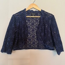 R M Richards Navy Blue Sequin Floral Lace Bolero Shrug Jacket Womens 16