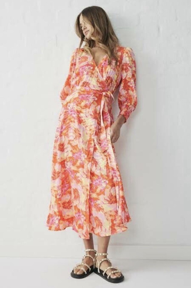 Decjuba Womens M Floral Wrap Maxi Dress Pink Orange 3/4 Sleeve V-Neck Boho
