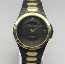 Armitron Diamond Watch Men 36mm Black Gold Two Tone Stainless New Battery 7.75"