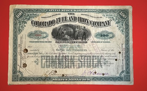 1908 Colorado Fuel & Iron Company Stock Cert CO Mining Vignette Rockefeller Era