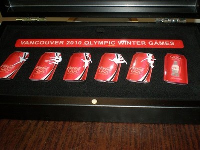 Official 2010 Vancouver Olympic 6 Coca Cola Can Pins Set Framed in Box