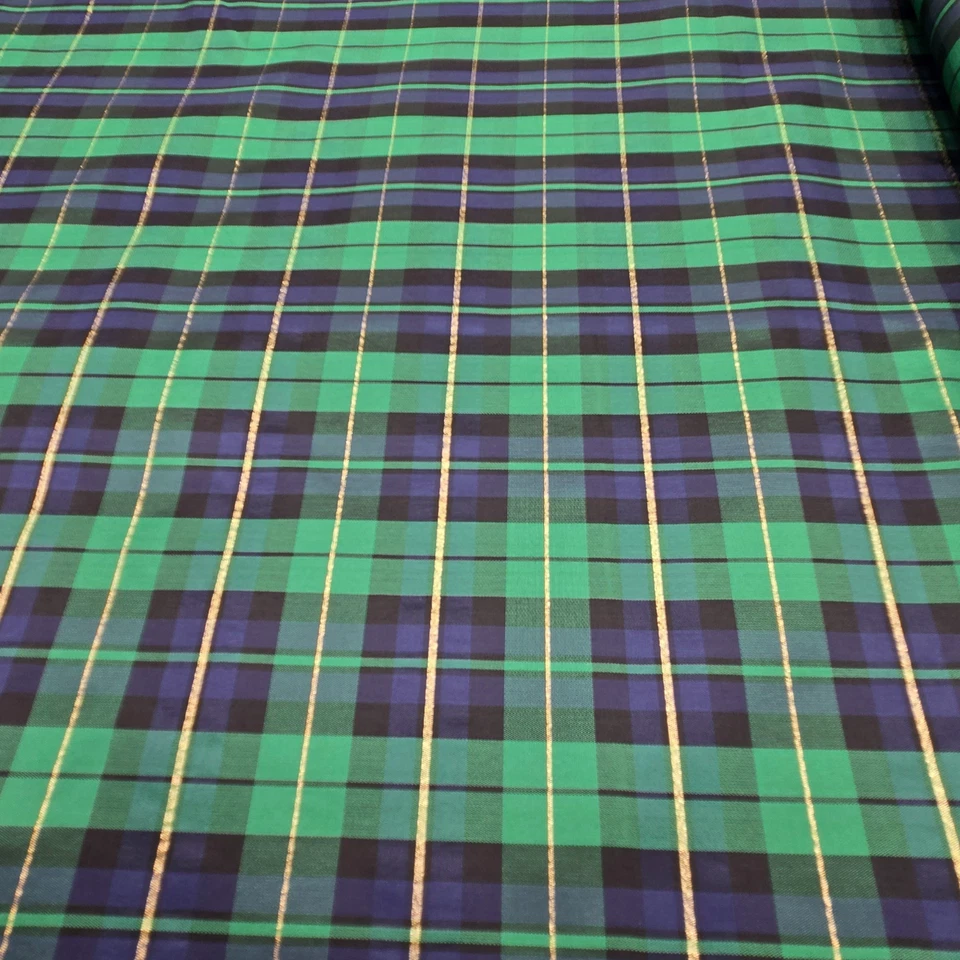 Vintage Christmas Tartan Plaid Fabric Metallic Poplin 60" Navy Green BY THE YARD - Image 2 of 4