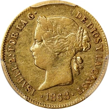 1868 SPANISH PHILIPPINES ISABEL II GOLD PESO MANILA MINT KM142 PCGS XF DETAILS