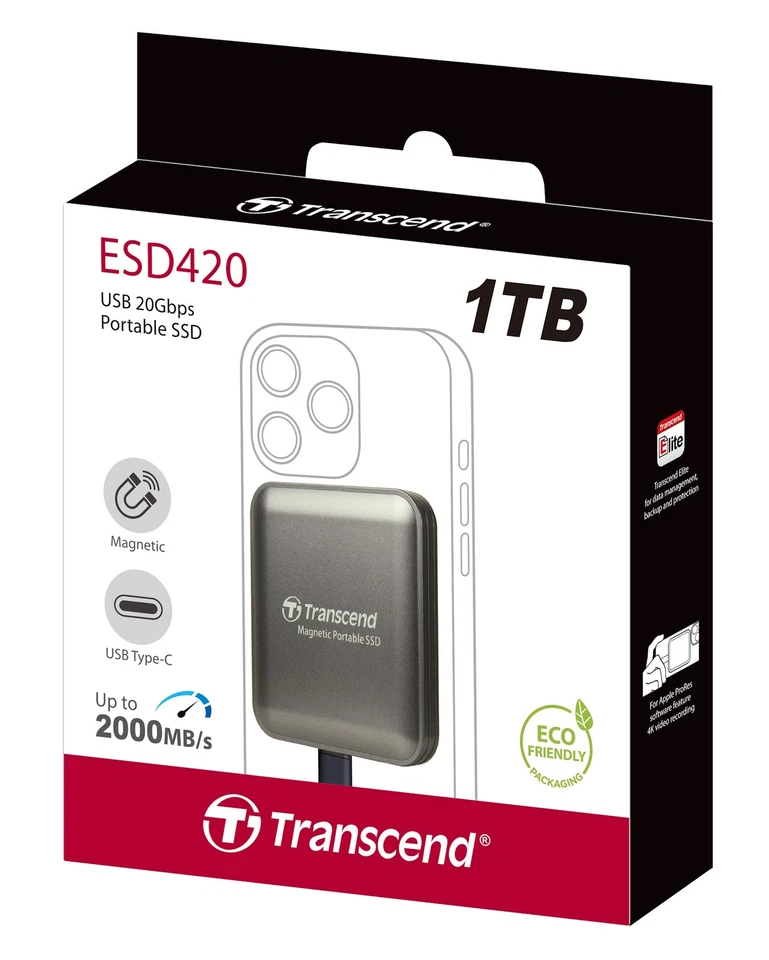 1TB Transcend ESD420 Portable Magnetic SSD USB 20Gbps Type-C Magsafe (Iron Grey) - Image 2 of 4