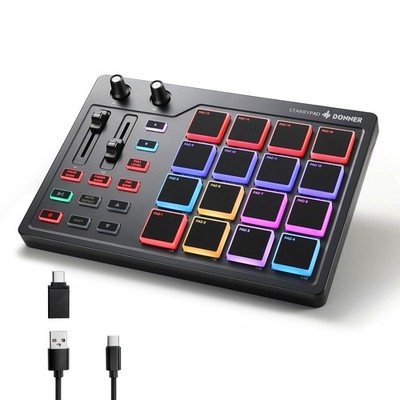 Donner Starrypad MIDI Pad Beat Maker mit 16 Pads, 2 Fadern & Reglern