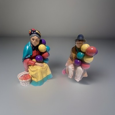The Balloon Man & The Old Balloon Seller Lady Hand painted Ceramic Figurine Set