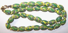 Antique Venetian Trade Beads - Green & Yellow Oval Millefiori 24" Necklace