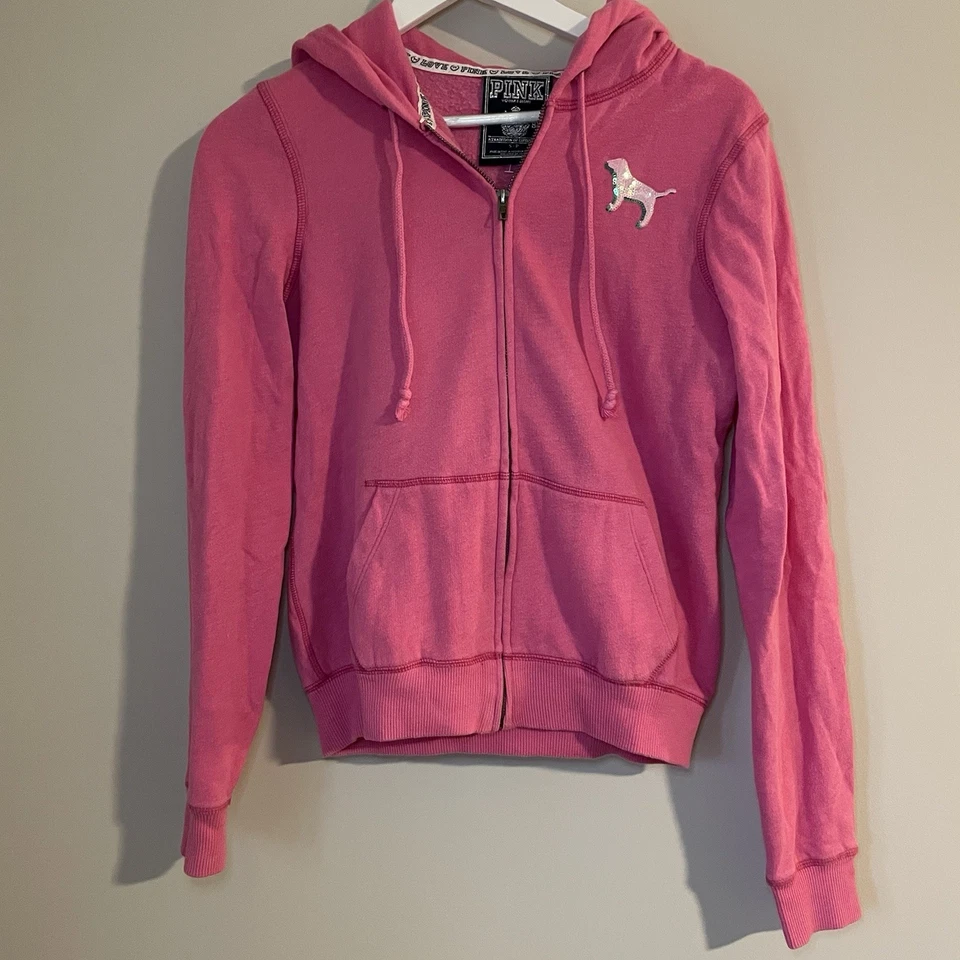 Y2k Victorias Secret VS PINK Full Zip Bling Sequin Pink Hoodie Sweatshirt Small - Image 2 of 4