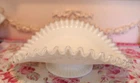 Vintage Fenton Silver Crest MILK Glass Banana BOWL~Clear Ruffled Edge~NOPedestal