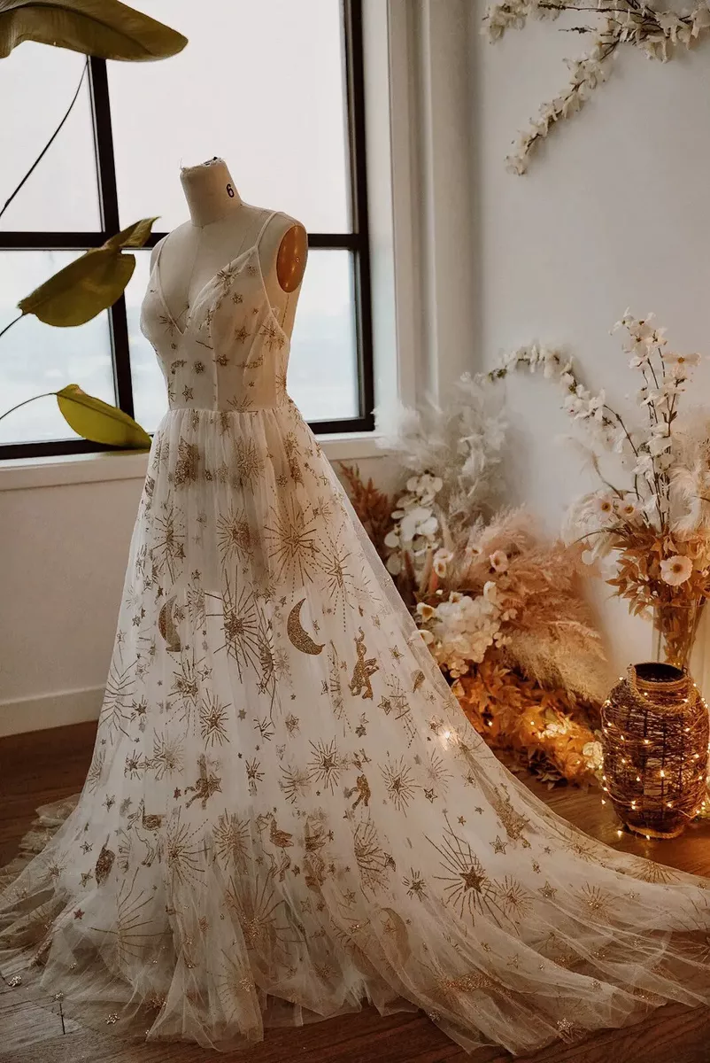 Tulle Boho Wedding Dress Golden Celestial Star V Neck Illusion A