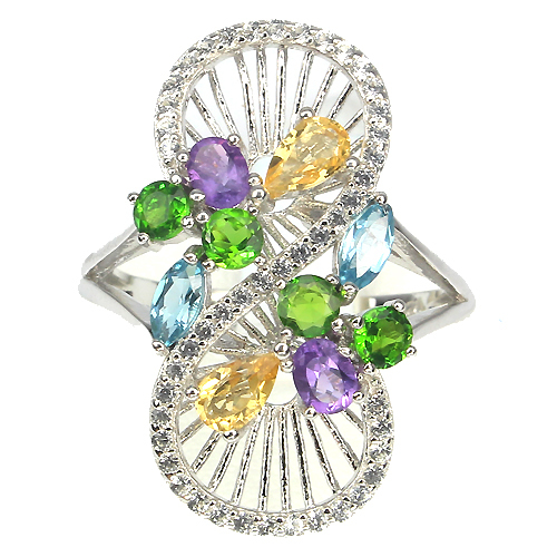 GENUINE AMETHYST,CHROME DIOPSIDE,CITRINE,TOPAZ &W. CZ 925 SILVER INFINITY RING - Picture 1 of 3