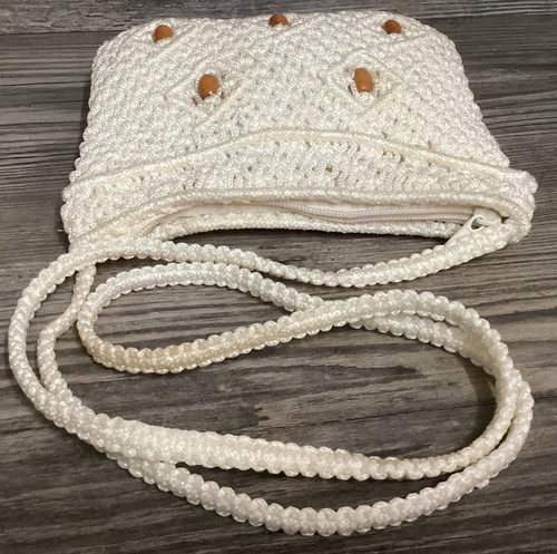 Bolso de Hombro de Colección Diamante Macramé Cuentas de Madera Pequeño Boho Crema Blanco - Imagen 6 de 22