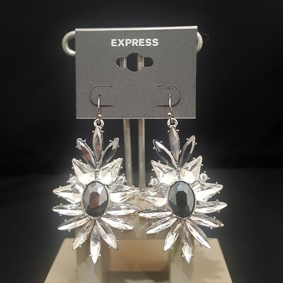 EXPRESS Women's Statement Rhinestone Silver Plated , Black Earrings NWT